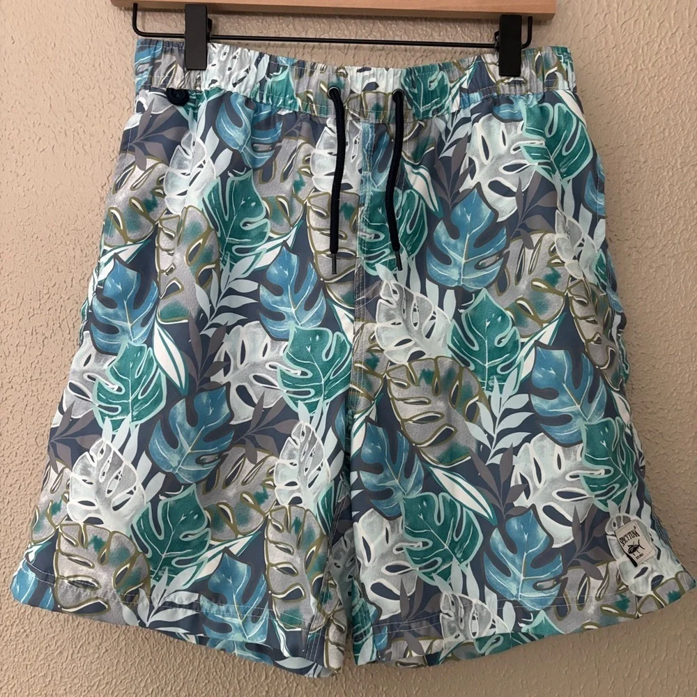 Men’s Spicy Tuna Palm Leaf Swim Trunk, Medium, Blue/Green/White Preppy